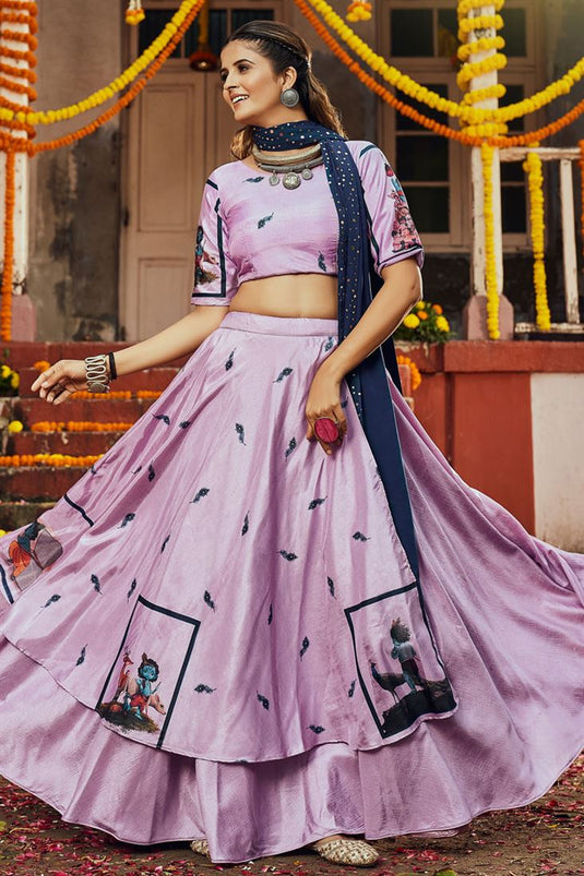 Navratri Special Cotton Fabric Lavender Color Bright Digital Printed Lehenga