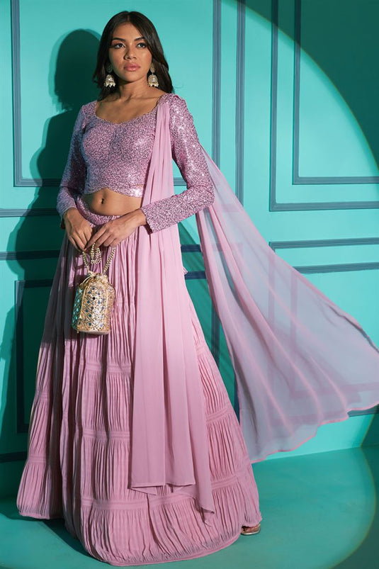 Attractive Georgette Function Style Pleating Pattern Lehenga In Pink Color