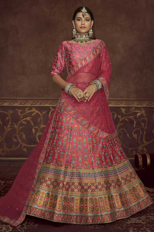 Pink Color Sangeet Wear Blazing Embroidered Work Lehenga In Art Silk Fabric