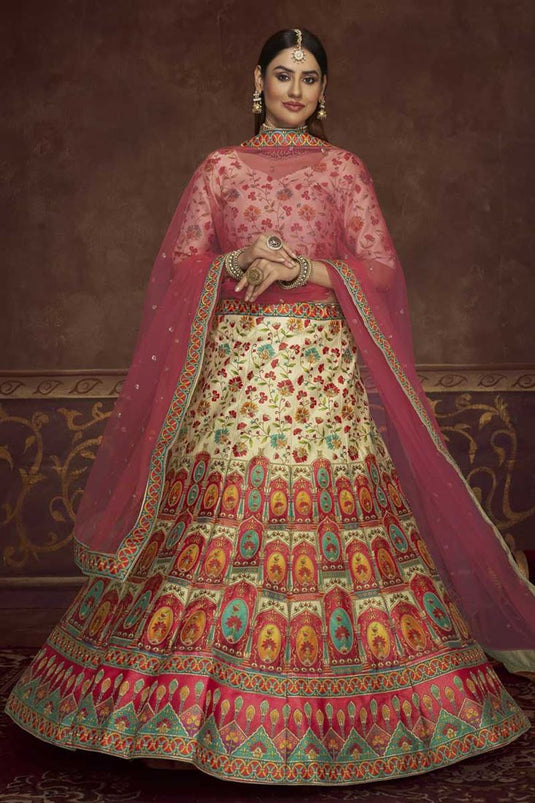 Sangeet Wear Beige Color Gleaming Embroidered Work Lehenga In Art Silk Fabric