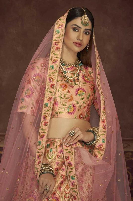 Peach Color Sangeet Wear Art Silk Fabric Lehenga With Embroidered Work