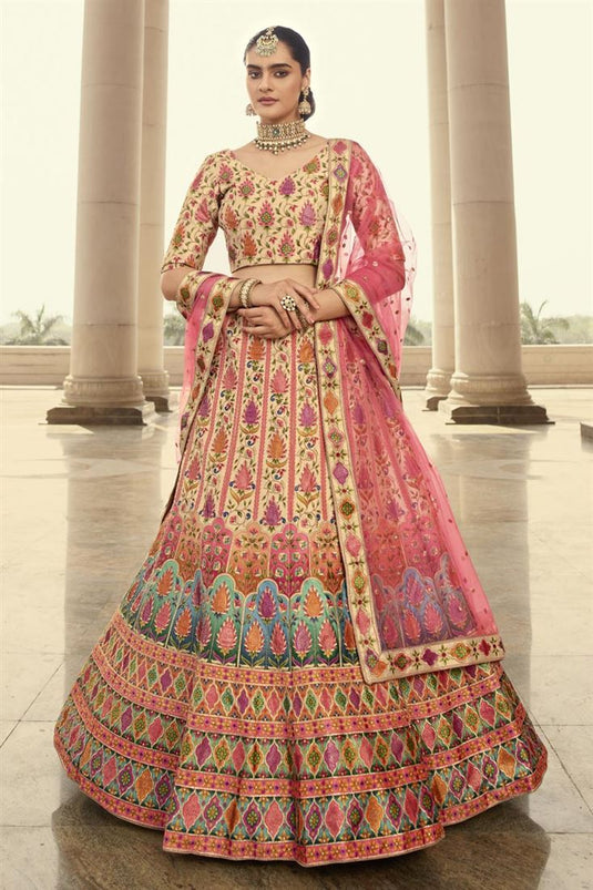 Beige Color Art Silk Fabric Charming Sangeet Wear Lehenga With Embroidered Work