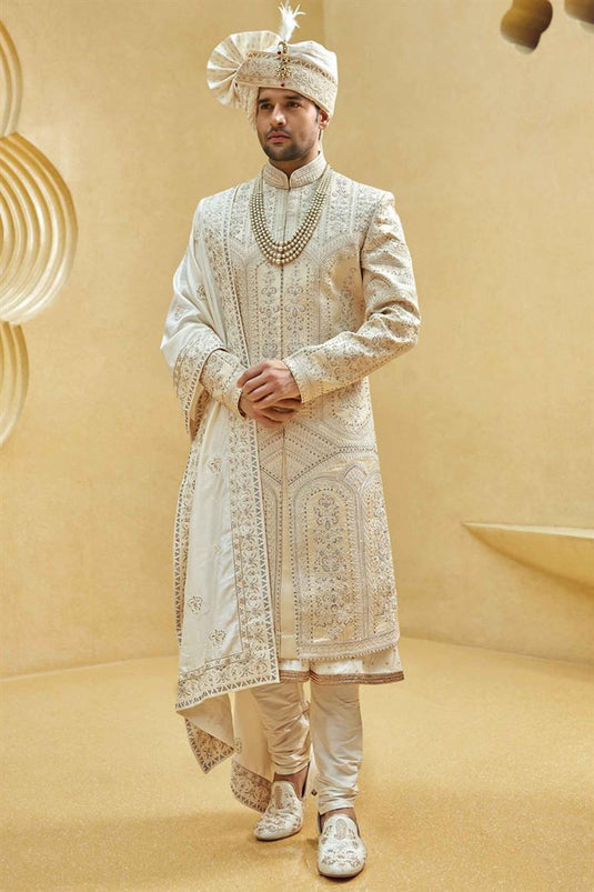 Pretty Cream Color Fancy Fabric Heavy Embroidered Designer Indowestern Groom Sherwani