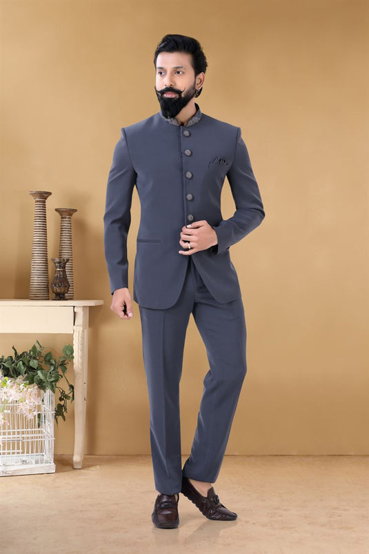 Appealing Grey Color Fancy Fabric Sangeet Wear Stylish Readymade Jodhpuri Suit For Men