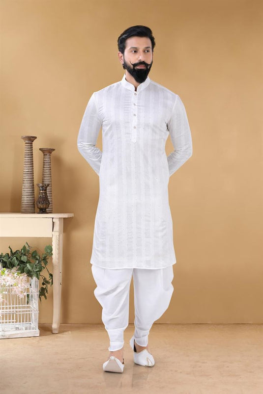 Lovely White Color Georgette Fabric Sangeet Wear Trendy Readymade Kurta With Dhoti For Men