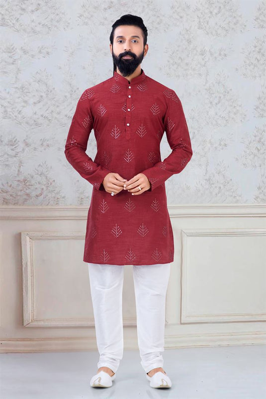 Appealing Red Color Art Silk Fabric Function Wear Fancy Readymade Kurta Pyjama For Men