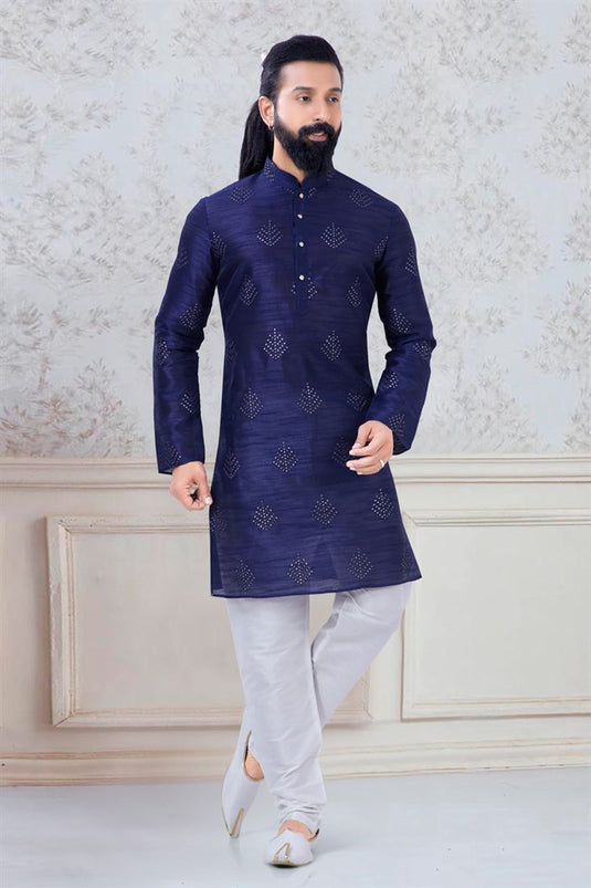 Lovely Navy Blue Color Art Silk Fabric Sangeet Wear Designer Readymade Kurta Pyjama For Men