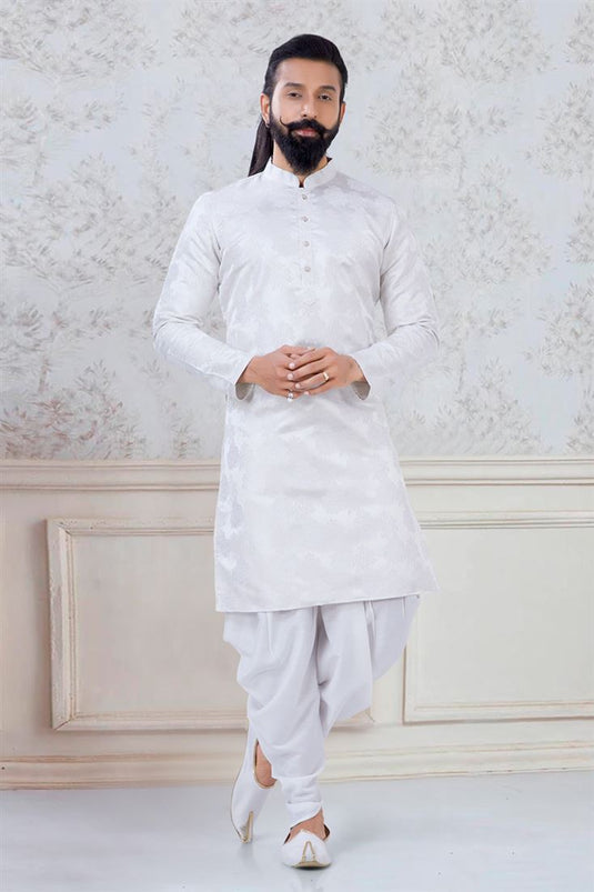 Artistic White Color Jacquard Fabric Sangeet Wear Trendy Readymade Dhoti Style Kurta Pyjama For Men