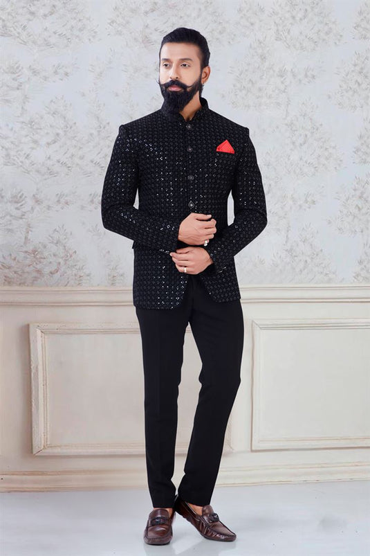 Fetching Black Color Terry Velvet Jodhpuri Suit For Wedding Wear