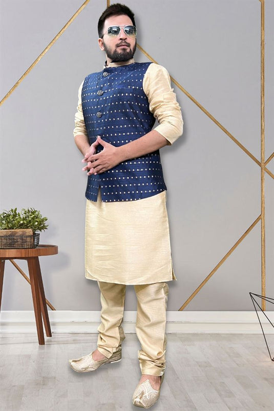 Art Silk Fabric Trendy Readymade Kurta Pyjama For Men With Blue Color Jacket Set