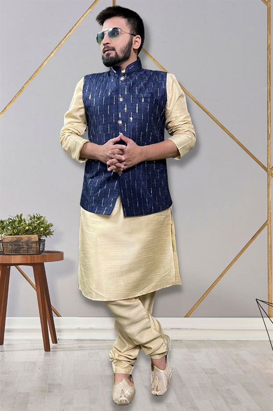 Gorgeous Art Silk Fabric Readymade Kurta Pyjama For Men With Blue Color Jacket