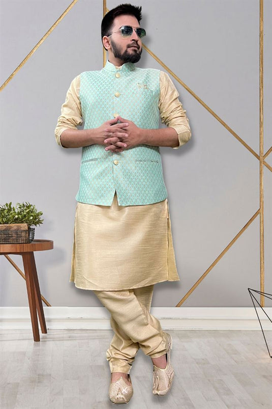 Gorgeous Art Silk Fabric Readymade Kurta Pyjama For Men With Sea Green Color 3 Pcs Jacket Set