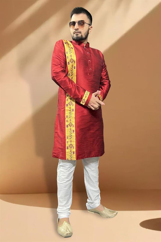 Maroon Silk Fabric Sangeet Wear Trendy Readymade Kurta Pyjama For Men