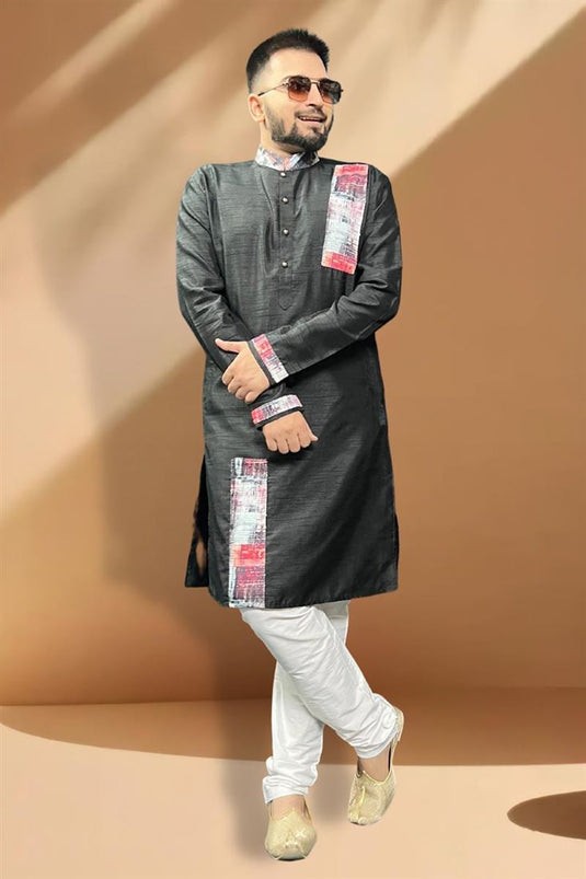 Black Color Silk Fabric Readymade Lovely Kurta Pyjama For Men