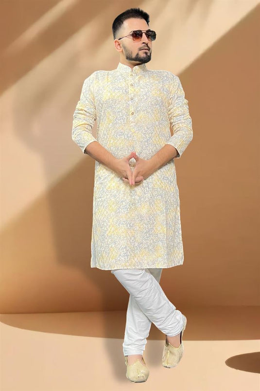 Cotton Fabric Function Wear Readymade Yellow And Grey Color Kurta Pyjama For Men