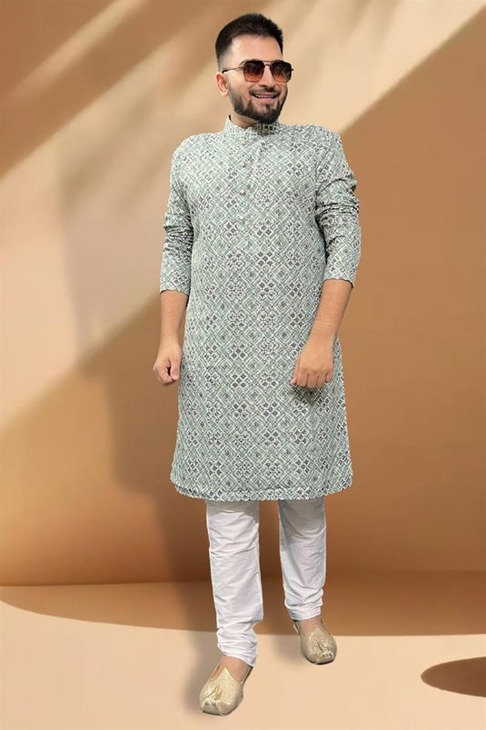 Festive Wear Readymade Kurta Pyjama For Men In Grey Cotton Fabric