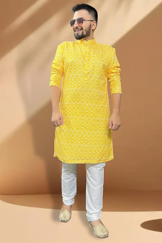 Cotton Fabric Function Wear Yellow Kurta Pyjama For Men