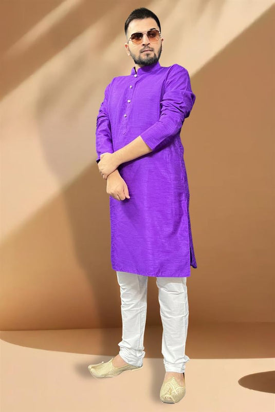 Purple Readymade Silk Kurta Pyjama For Men