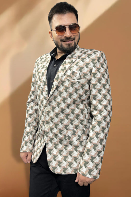 Party Wear Cream Color Jacquard Fabric Readymade Blazer For Men