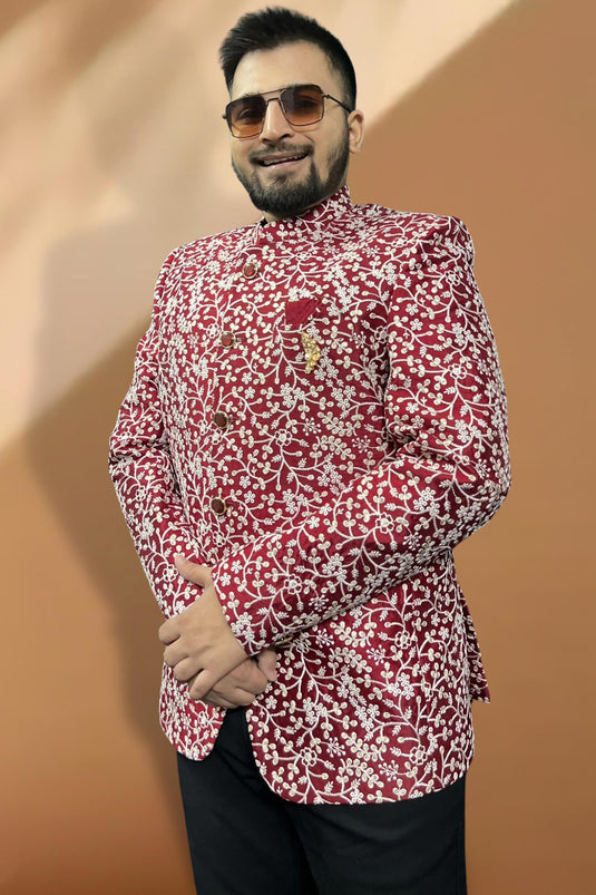 Maroon Color Reception Wear Silk Fabric Readymade Stylish Blazer For Men