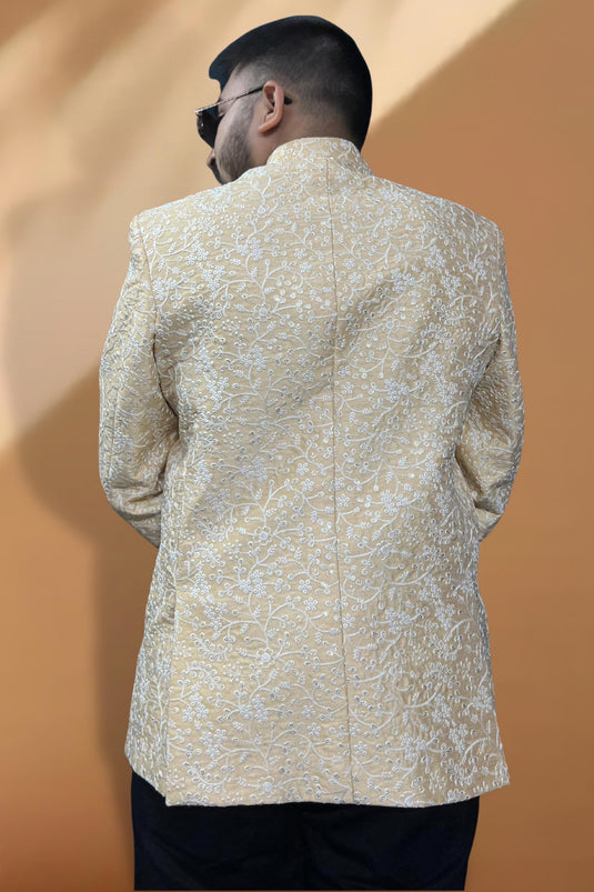 Party Wear Silk Fabric Readymade Beige Color Blazer For Men