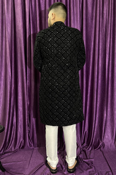 Moss Black Color Velvet Fabric Men Kurta Pyjama