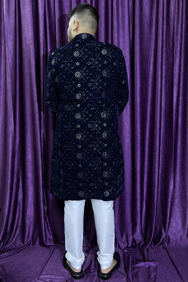 Navy Blue Color Gorgeous Velvet Fabric Readymade Kurta Pyjama For Men
