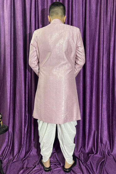 Pink Color Silk Fabric Wedding Wear Readymade Peshawari Style Indo Western For Men