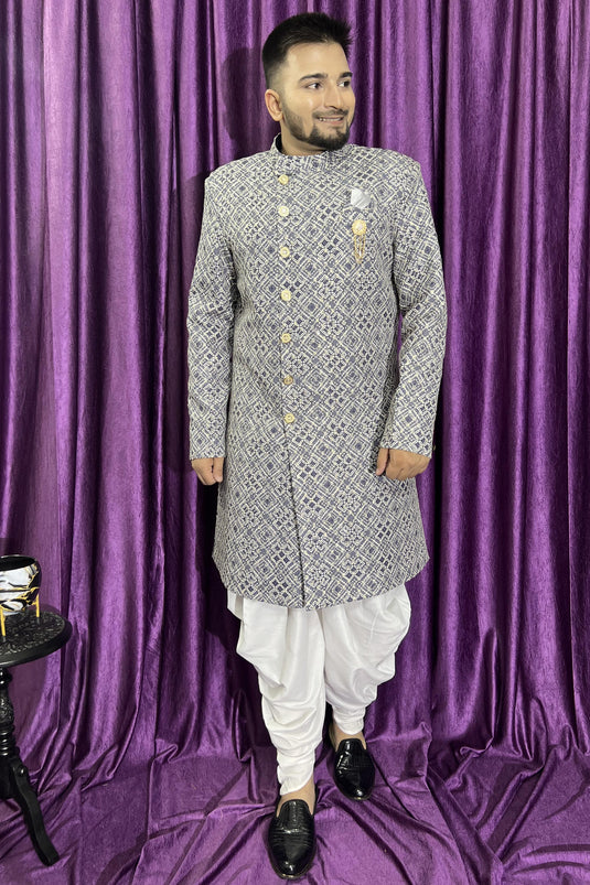 Pretty Cotton Fabric Wedding Wear Readymade Men Peshawari Style Indo Western In Grey Color