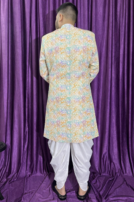 Beautiful Cream Color Wedding Wear Readymade Peshawari Style Indo Western For Men In Cotton Fabric