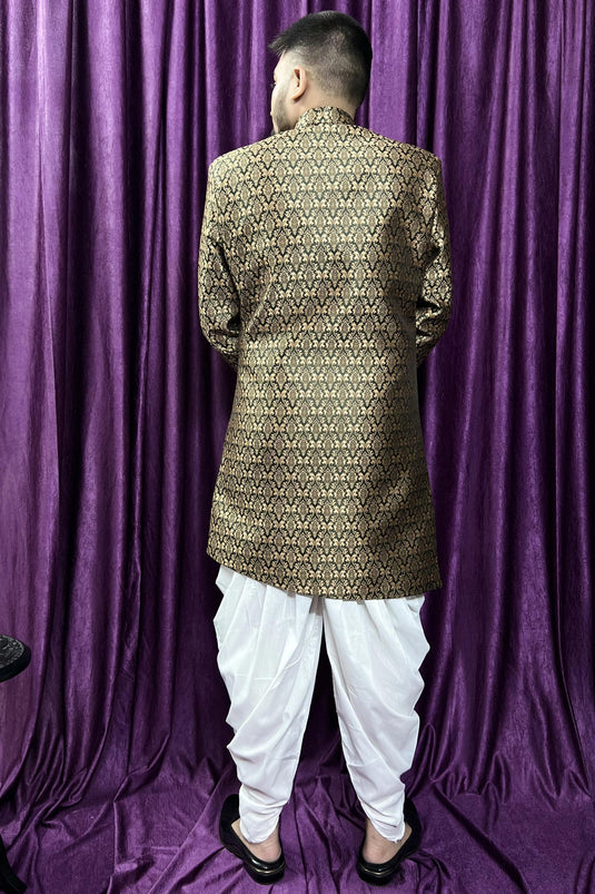 Olive Wedding Wear Readymade Glamorous Peshawari Style Indo Western For Men In Jacquard Fabric