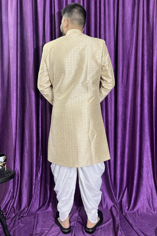 Beige Silk Fabric Graceful Readymade Men Peshawari Style Indo Western For Wedding Wear