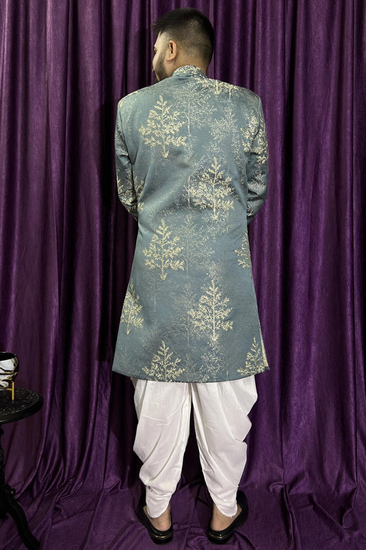 Jacquard Fabric Light Green Color Wedding Wear Designer Readymade Peshawari Style Indo Western For Men