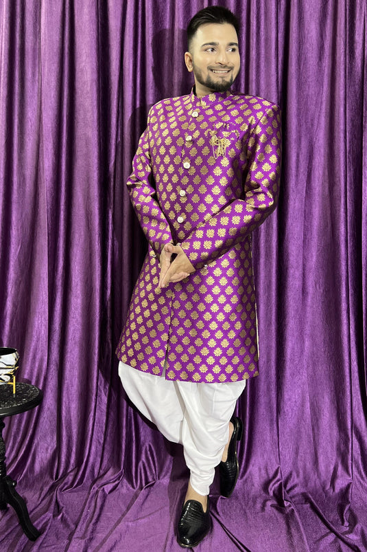 Mens Wedding Wear Purple Color Readymade Peshawari Style Indo Western In Jacquard Fabric