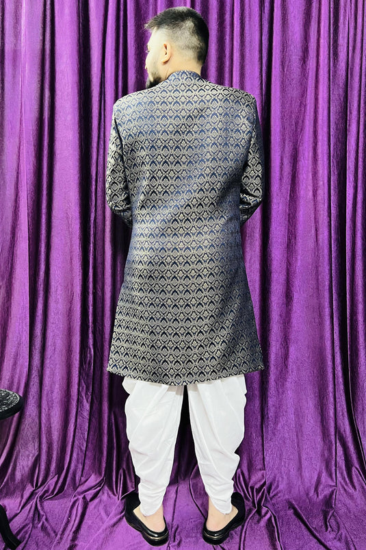 Blue Color Designer Jacquard Fabric Wedding Wear Readymade Peshawari Style Indo Western For Men