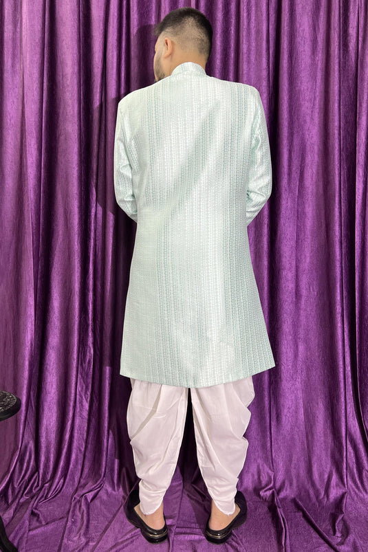 Sky Blue Color Jacquard Fabric Wedding Wear Readymade Designer Peshawari Style Indo Western For Men
