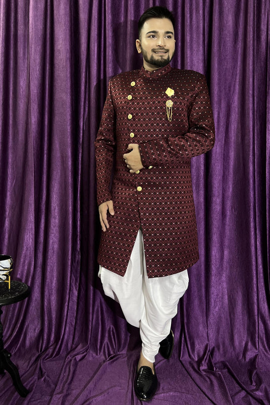 Jacquard Fabric Maroon Color Wedding Wear Fancy Readymade Peshawari Style Indo Western For Men