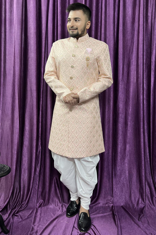 Mens Wedding Function Readymade Peach Color Peshawari Style Indo Western In Silk Fabric