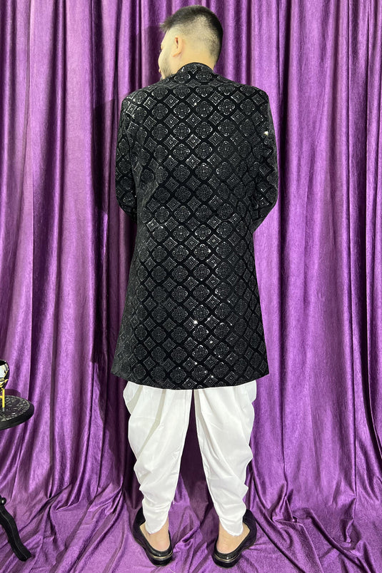 Black Color Velvet Fabric Wedding Wear Readymade Men Peshawari Style Indo Western