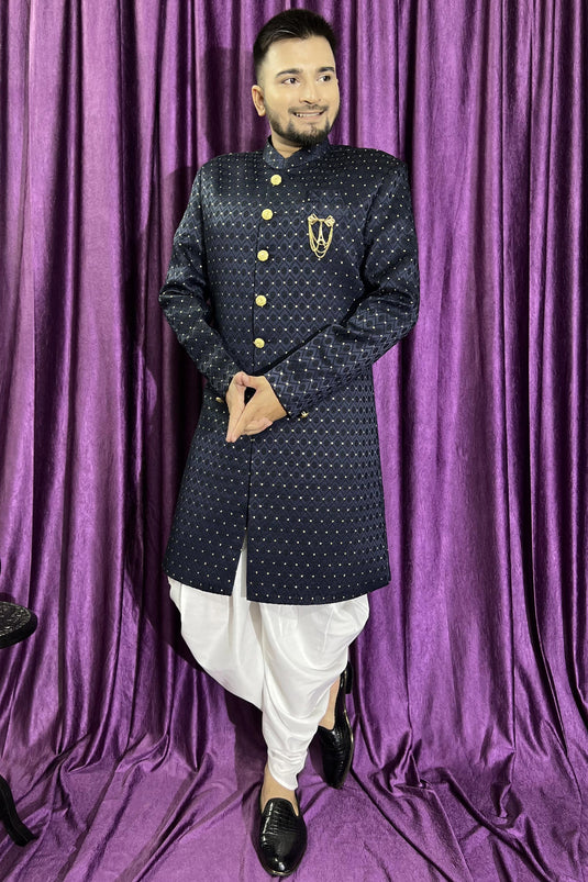 Jacquard Fabric Navy Blue Color Wedding Wear Readymade Men Peshawari Style Indo Western