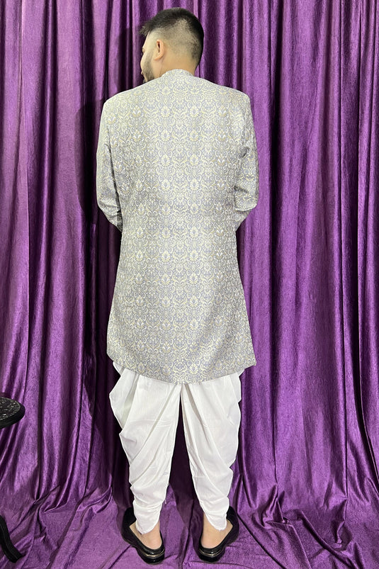 Grey Gorgeous Jacquard Fabric Reception Wear Readymade Peshawari Style Indo Western For Men