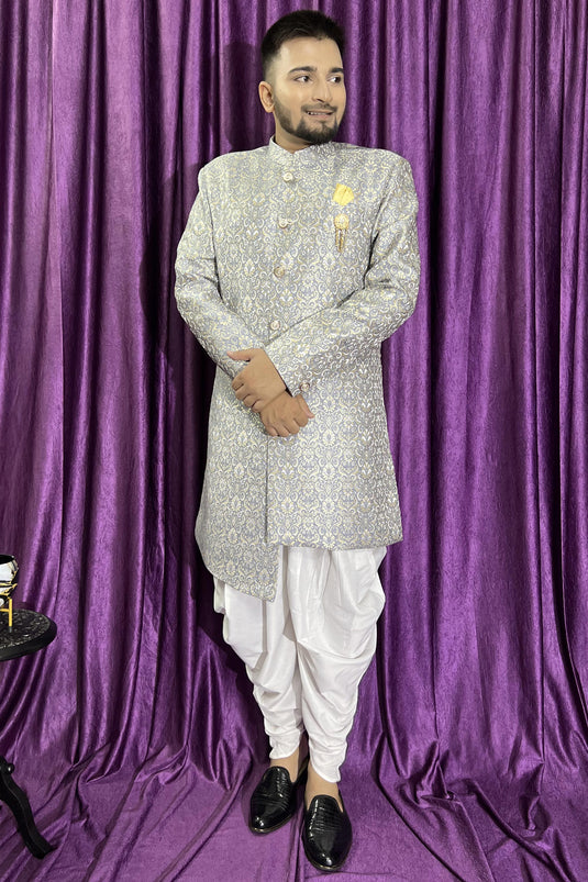 Grey Gorgeous Jacquard Fabric Reception Wear Readymade Peshawari Style Indo Western For Men