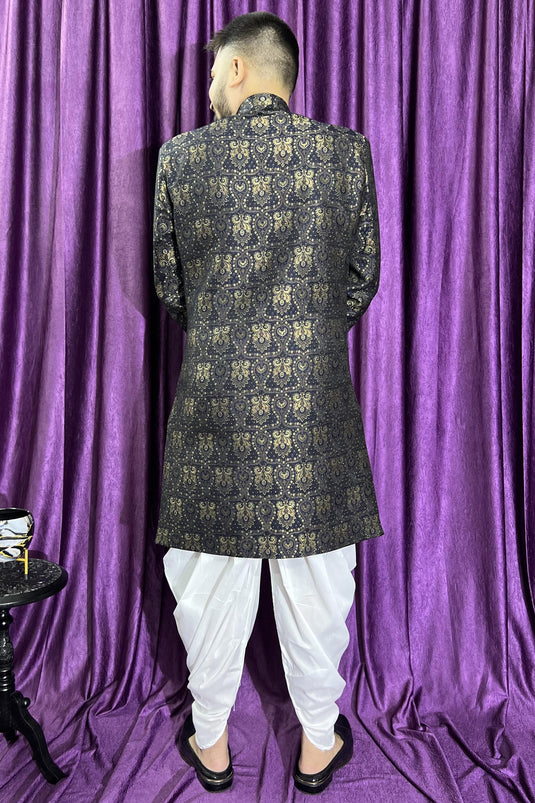 Jacquard Navy Blue Wedding Wear Readymade Lovely Peshawari Style Indo Western For Men