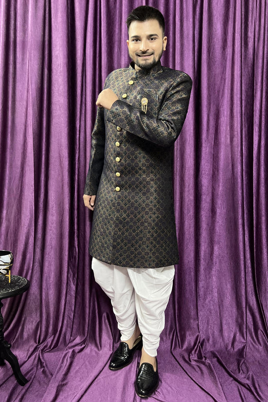 Beautiful Dark Green Color Wedding Wear Readymade Peshawari Style Indo Western For Men In Jacquard Fabric