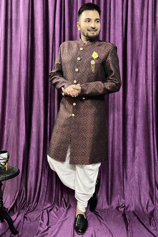 Jacquard Wedding Wear Attractive Readymade Men Peshawari Style Indo Western In Maroon Color