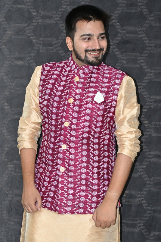 Art Silk Fabric Sangeet Wear Trendy Readymade Men Maroon Color Jacket