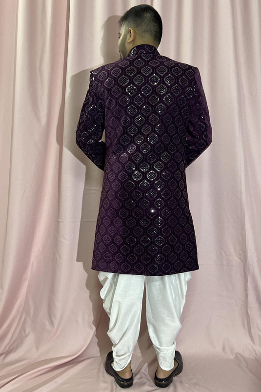 Velvet Wedding Wear Attractive Readymade Men Indo Western In Purple Color