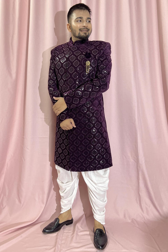 Velvet Wedding Wear Attractive Readymade Men Indo Western In Purple Color