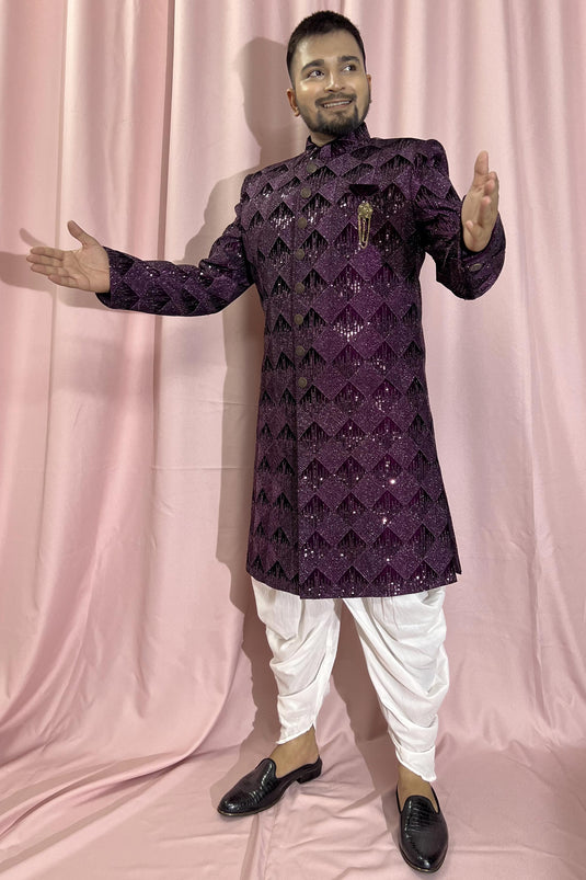 Purple Velvet Fabric Magnificent Readymade Men Indo Western For Wedding Wear