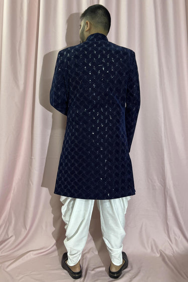 Blue Color Velvet Fabric Heavy Embroidered Wedding Wear Designer Readymade Indo Western For Men